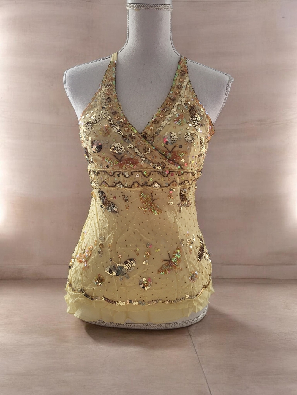 bebe Yellow Sequin Embellished Halter Camisole